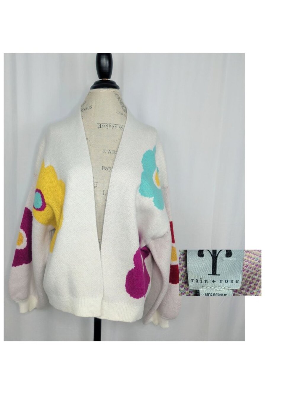 Rain Rose Cardigan Small Floral Sweater White Oversized Knit